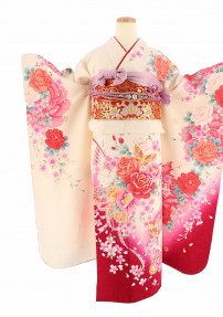成人式振袖[ガーリー]白に裾ローズぼかし・橙ピンクのバラと桜、蝶[身長169cmまで]No.687